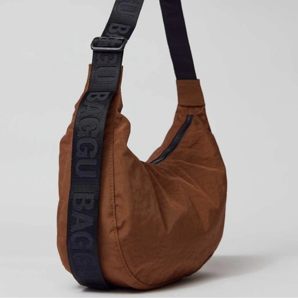 BAGGU Brown Medium Nylon Crescent Crossbody Bag